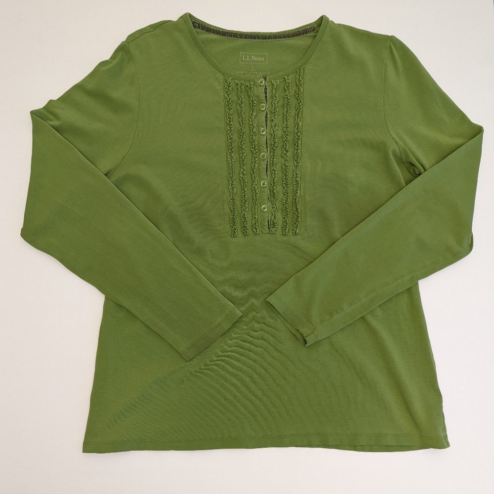 L.L. Bean Ruffle 6 Button Front Green Long Sleeve Blouse Top Size Women's Large